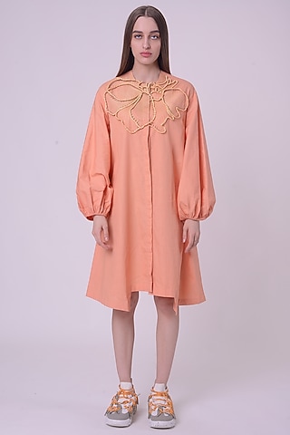 Orange Giza Cotton Hand & Machine Embroidered Knee-Length Dress by Nitin Bal Chauhan