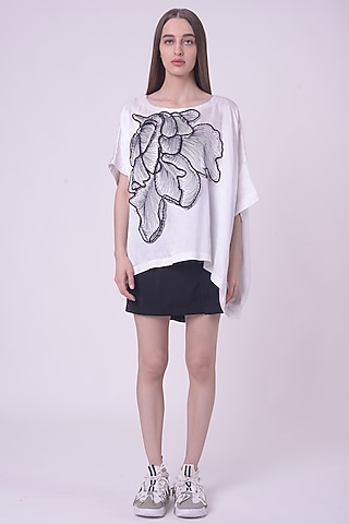 White Georgette Hand & Machine Embroidered Kaftan Top by Nitin Bal Chauhan