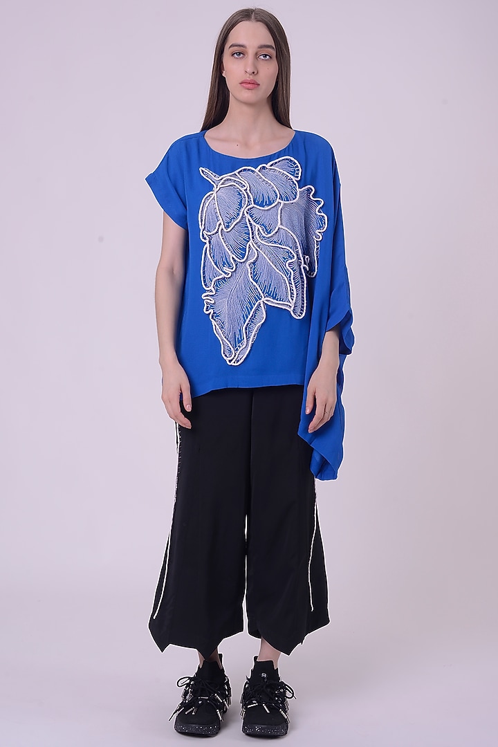 Electric Blue Linen Satin Embroidered Kaftan Top by Nitin Bal Chauhan at Pernia's Pop Up Shop