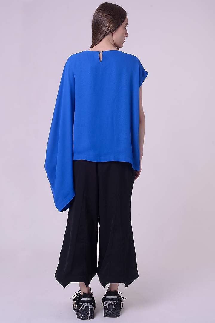 Electric Blue Linen Satin Embroidered Kaftan Top by Nitin Bal Chauhan at Pernia's Pop Up Shop