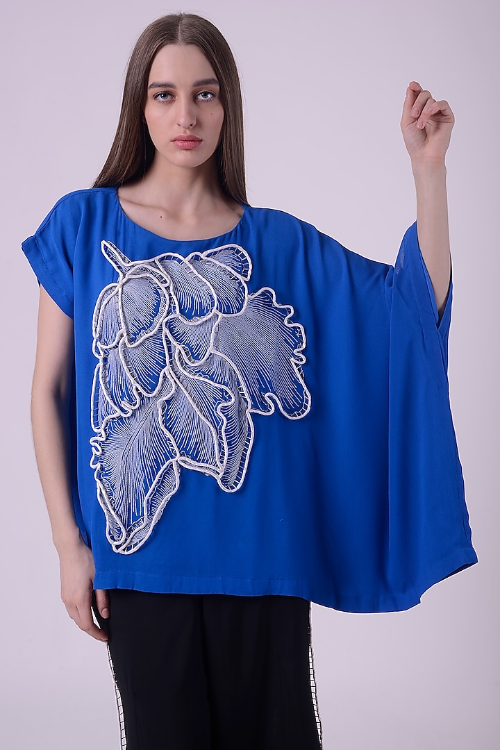 Electric Blue Linen Satin Embroidered Kaftan Top by Nitin Bal Chauhan at Pernia's Pop Up Shop