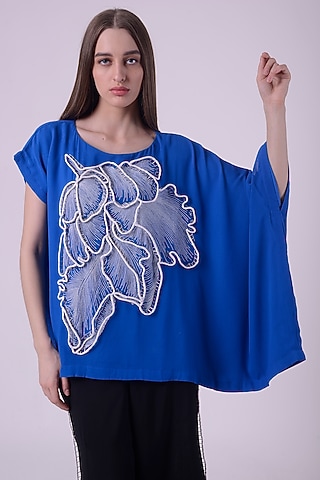 Electric Blue Linen Satin Embroidered Kaftan Top by Nitin Bal Chauhan