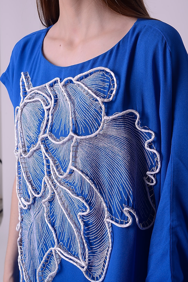 Electric Blue Linen Satin Embroidered Kaftan Top by Nitin Bal Chauhan at Pernia's Pop Up Shop
