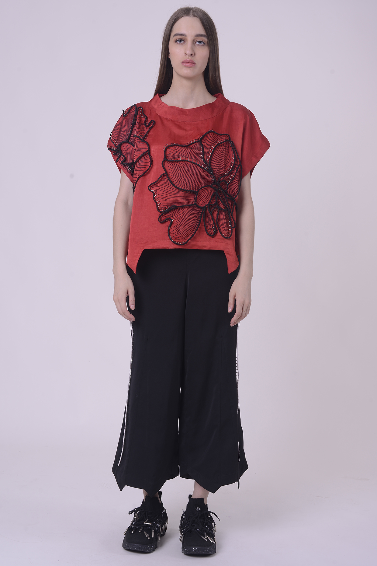 Red Linen Satin Embroidered Kaftan Top by Nitin Bal Chauhan at Pernia's Pop Up Shop