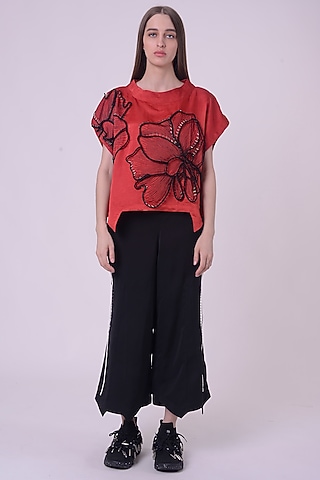 Red Linen Satin Embroidered Kaftan Top by Nitin Bal Chauhan