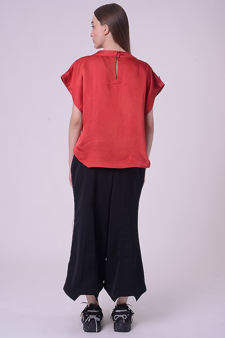 Red Linen Satin Embroidered Kaftan Top by Nitin Bal Chauhan at Pernia's Pop Up Shop