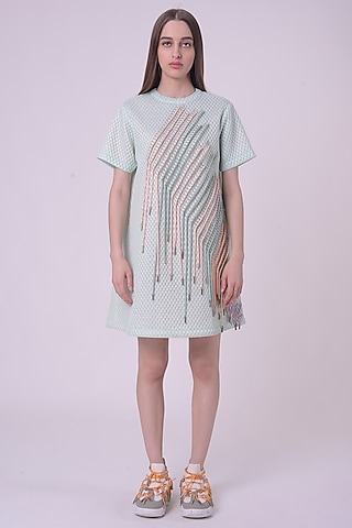 Mint Green Scuba Fabric Embroidered Mini Dress by Nitin Bal Chauhan