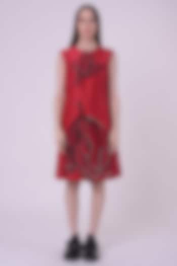 Red Silk Hand & Machine Embroidered Knee-Length Cocktail Dress by Nitin Bal Chauhan at Pernia's Pop Up Shop