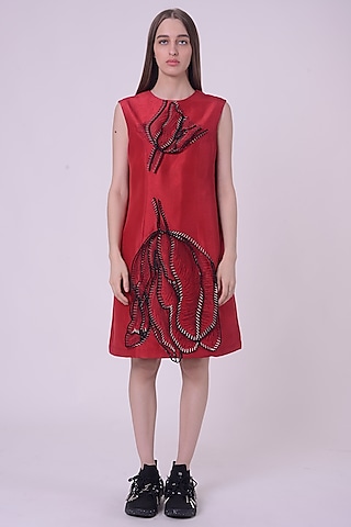 Red Silk Hand & Machine Embroidered Knee-Length Dress by Nitin Bal Chauhan
