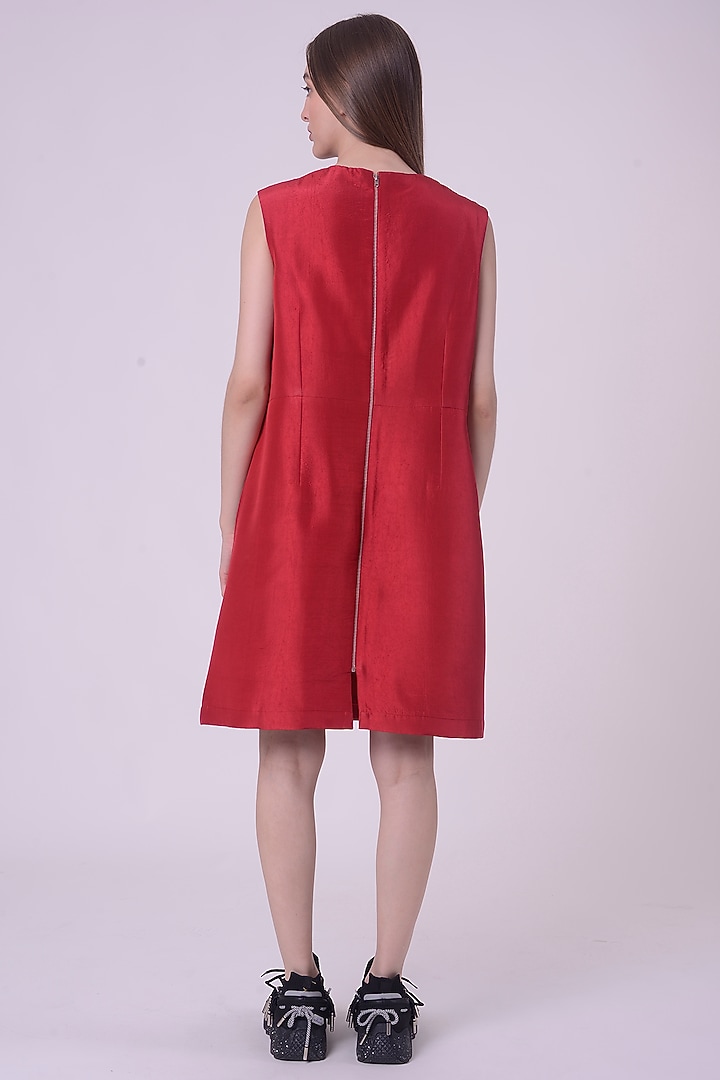 Red Silk Hand & Machine Embroidered Knee-Length Cocktail Dress by Nitin Bal Chauhan at Pernia's Pop Up Shop