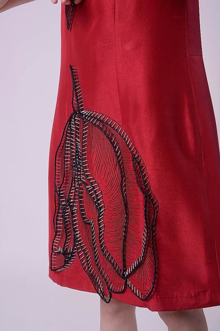 Red Silk Hand & Machine Embroidered Knee-Length Cocktail Dress by Nitin Bal Chauhan at Pernia's Pop Up Shop