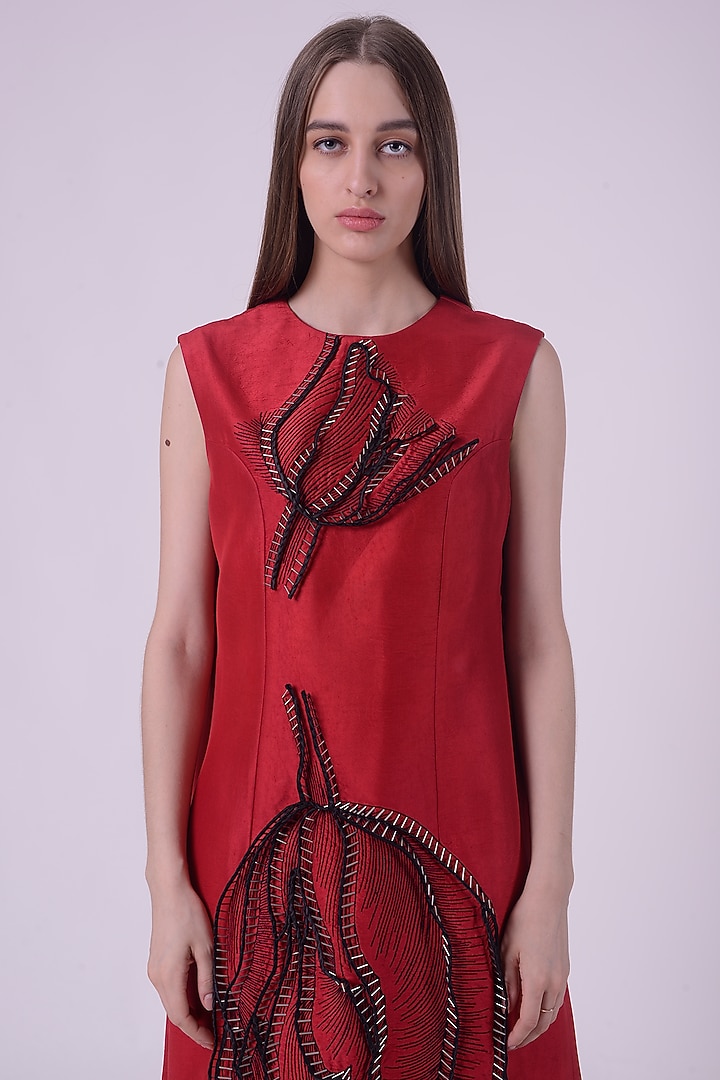 Red Silk Hand & Machine Embroidered Knee-Length Cocktail Dress by Nitin Bal Chauhan at Pernia's Pop Up Shop