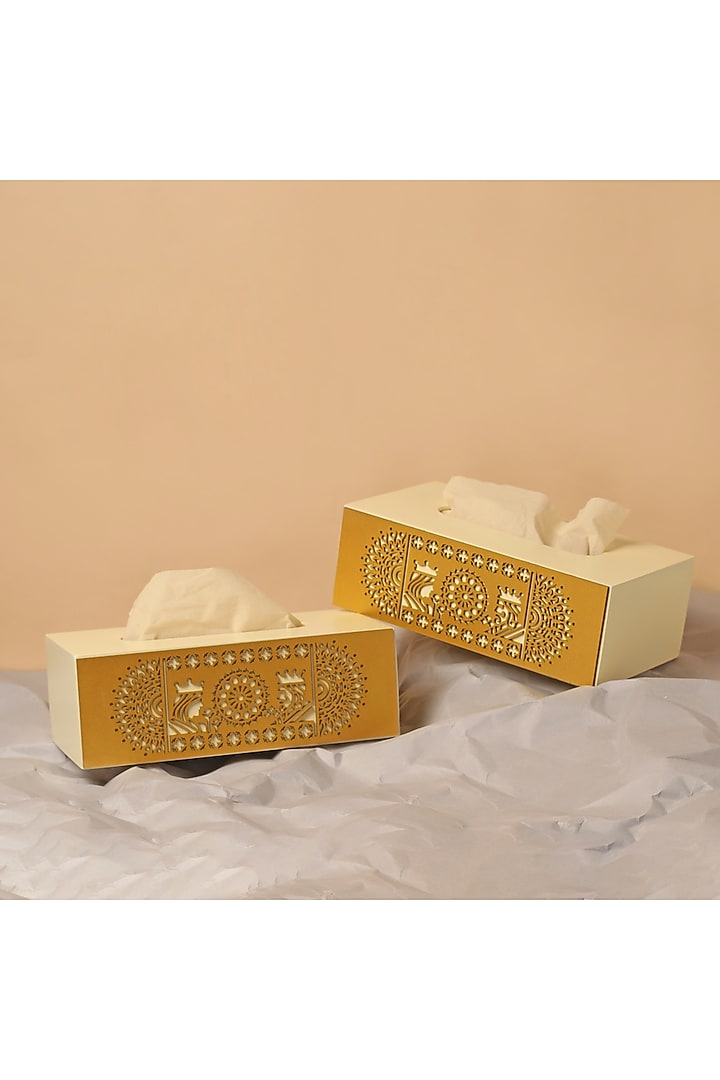 White & Gold Wood Tissue Box by BambaiSe at Pernia's Pop Up Shop