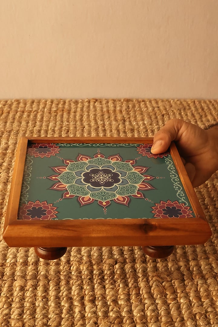 Green Teak Wood & Gloss Laminate Mandala Bajot by BambaiSe at Pernia's Pop Up Shop