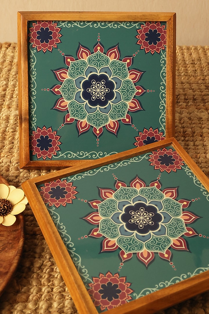 Green Teak Wood & Gloss Laminate Mandala Bajot by BambaiSe at Pernia's Pop Up Shop