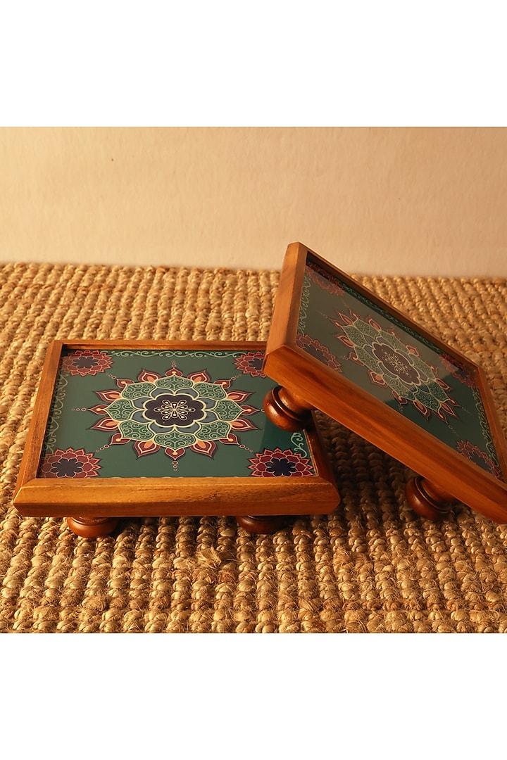 Green Teak Wood & Gloss Laminate Mandala Bajot by BambaiSe at Pernia's Pop Up Shop