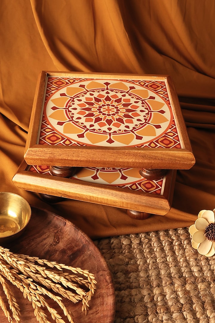 Yellow Teak Wood & Gloss Laminate Mandala Bajot by BambaiSe at Pernia's Pop Up Shop