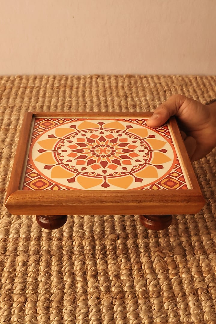 Yellow Teak Wood & Gloss Laminate Mandala Bajot by BambaiSe at Pernia's Pop Up Shop