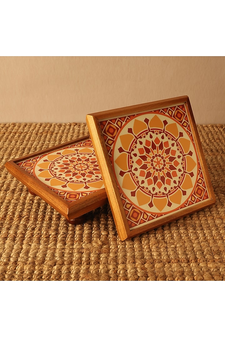 Yellow Teak Wood & Gloss Laminate Mandala Bajot by BambaiSe at Pernia's Pop Up Shop