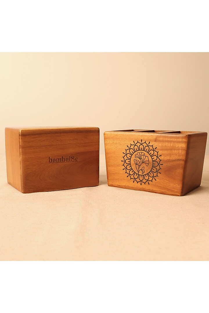 Brown Teak Wood & Matte Coat Mandala Organiser by BambaiSe at Pernia's Pop Up Shop