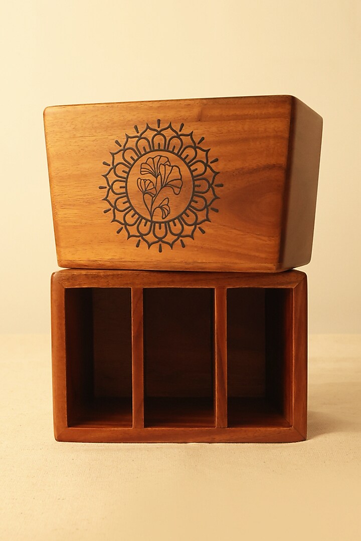 Brown Teak Wood & Matte Coat Mandala Organiser by BambaiSe at Pernia's Pop Up Shop