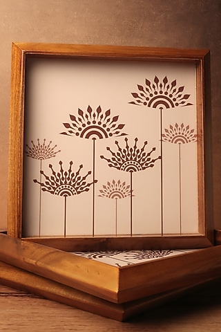 Peach Teak Wood & Gloss Laminate Mandala Square Tray by BambaiSe