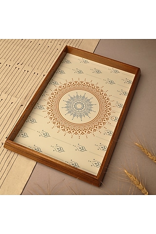 Cream Teak Wood & Gloss Laminate Mandala Rectangle Tray by BambaiSe