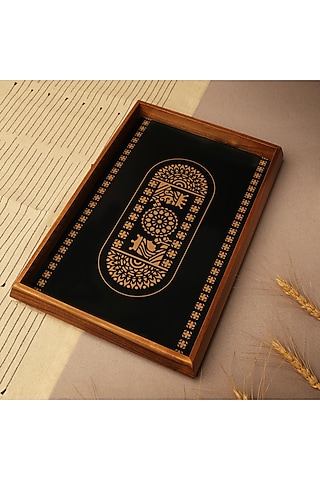 Black & Gold Teak Wood & Gloss Laminate Mandala Rectangle Tray by BambaiSe
