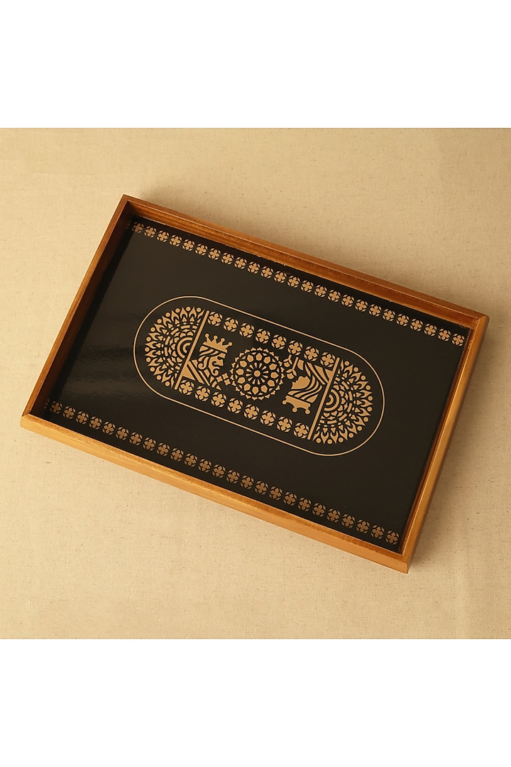 Black & Gold Teak Wood & Gloss Laminate Mandala Rectangle Tray by BambaiSe at Pernia's Pop Up Shop