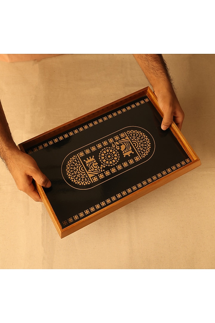 Black & Gold Teak Wood & Gloss Laminate Mandala Rectangle Tray by BambaiSe at Pernia's Pop Up Shop