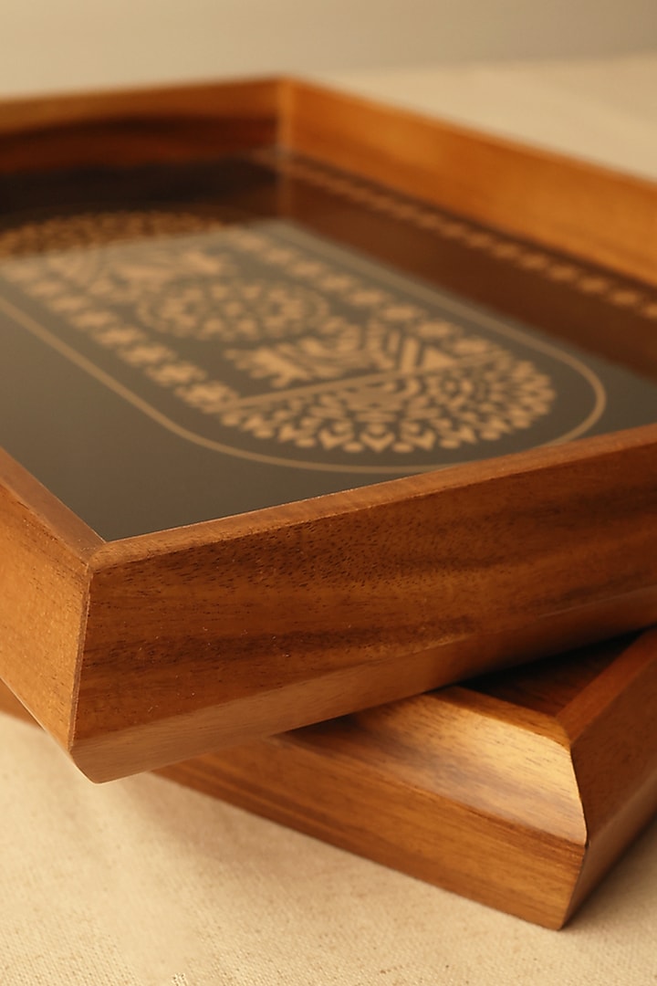 Black & Gold Teak Wood & Gloss Laminate Mandala Rectangle Tray by BambaiSe at Pernia's Pop Up Shop