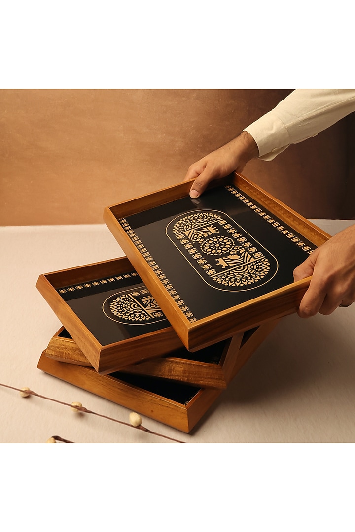 Black & Gold Teak Wood & Gloss Laminate Mandala Rectangle Tray by BambaiSe at Pernia's Pop Up Shop