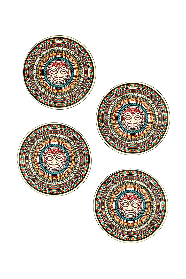 Multi-Colored Laminated MDF Maori Mandala Round Coaster (Set Of 4) by BambaiSe