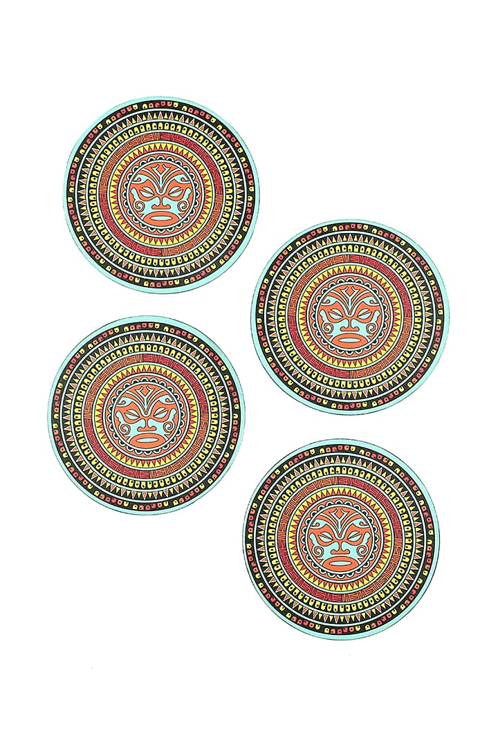 Multi-Colored Laminated MDF Maori Mandala Round Coaster (Set Of 4) by BambaiSe