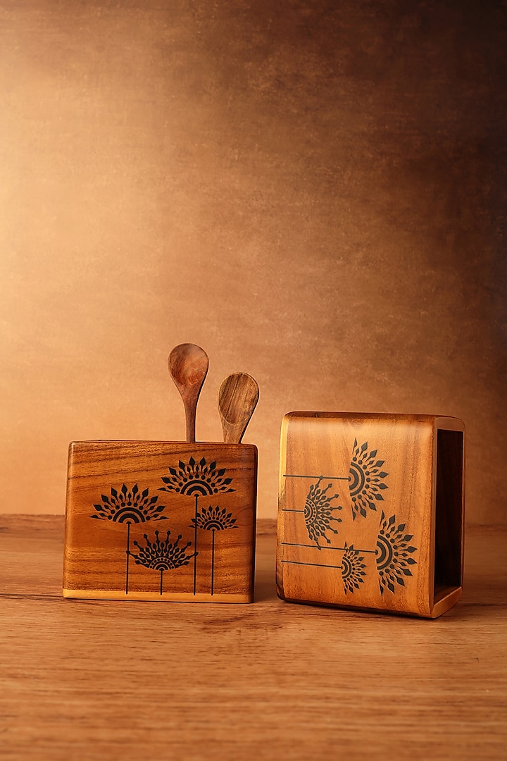 Brown Teak Wood Mandala Printed Compact Spoon Holder by BambaiSe