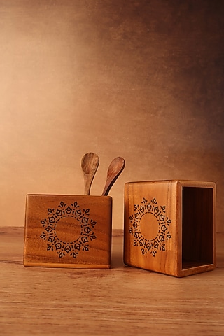 Brown Teak Wood Mandala Printed Compact Spoon Holder by BambaiSe