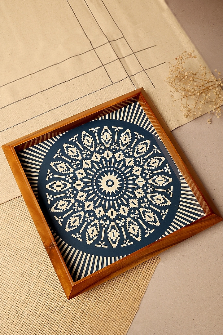 Blue Teak Wood Mandala Printed Square Tray by BambaiSe