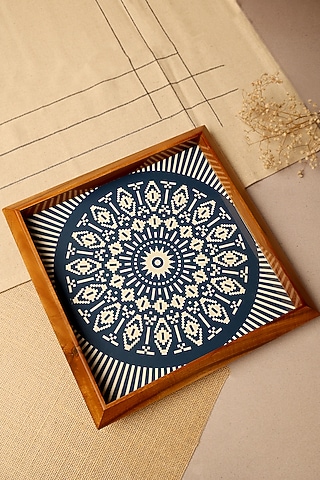 Blue Teak Wood Mandala Printed Square Tray by BambaiSe