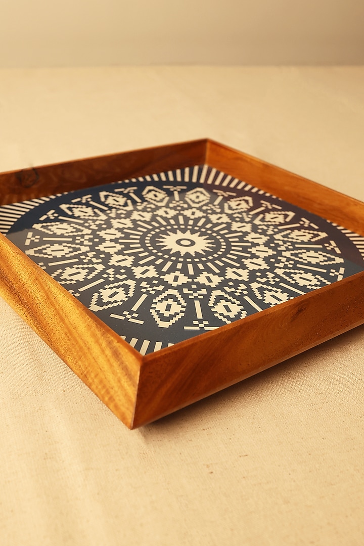 Blue Teak Wood Mandala Printed Square Tray by BambaiSe at Pernia's Pop Up Shop