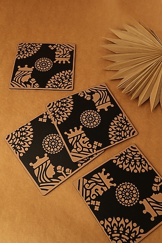 Gold & Black Premium MDF Trivets Set Of 4 by BambaiSe