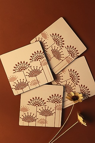 Peach Premium MDF Square Mandal Printed Trivet Set Of 4 by BambaiSe