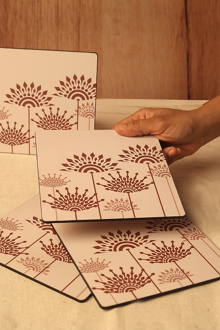 Peach Premium MDF Square Mandal Printed Trivet Set Of 4 by BambaiSe at Pernia's Pop Up Shop