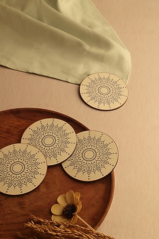 Cream Premium MDF Mandal Printed Coaster Set Of 4 by BambaiSe