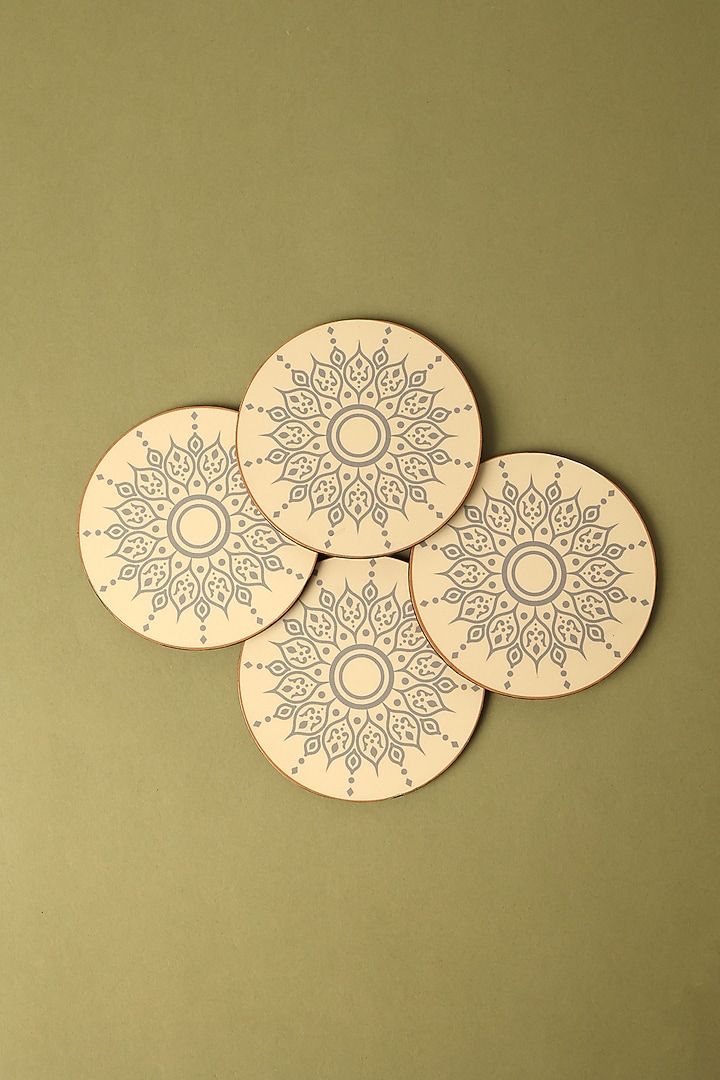 Cream Premium MDF Mandal Printed Coaster Set Of 4 by BambaiSe at Pernia's Pop Up Shop