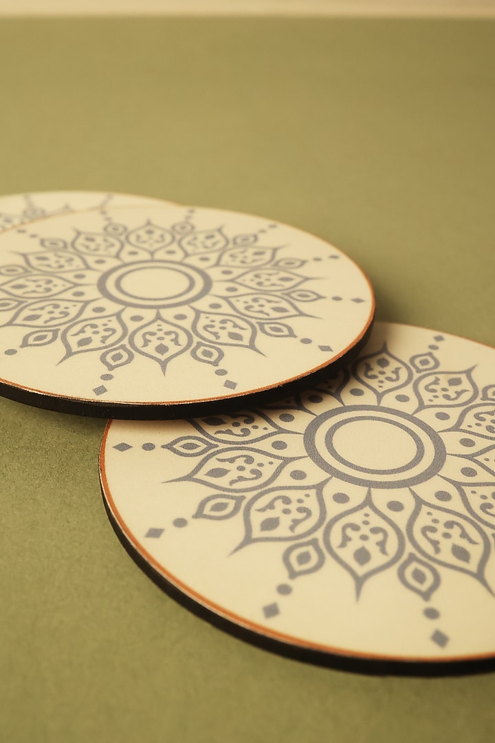 Cream Premium MDF Mandal Printed Coaster Set Of 4 by BambaiSe at Pernia's Pop Up Shop