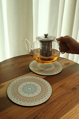 Cream Premium MDF Mandal Printed Trivet Set Of 4 by BambaiSe