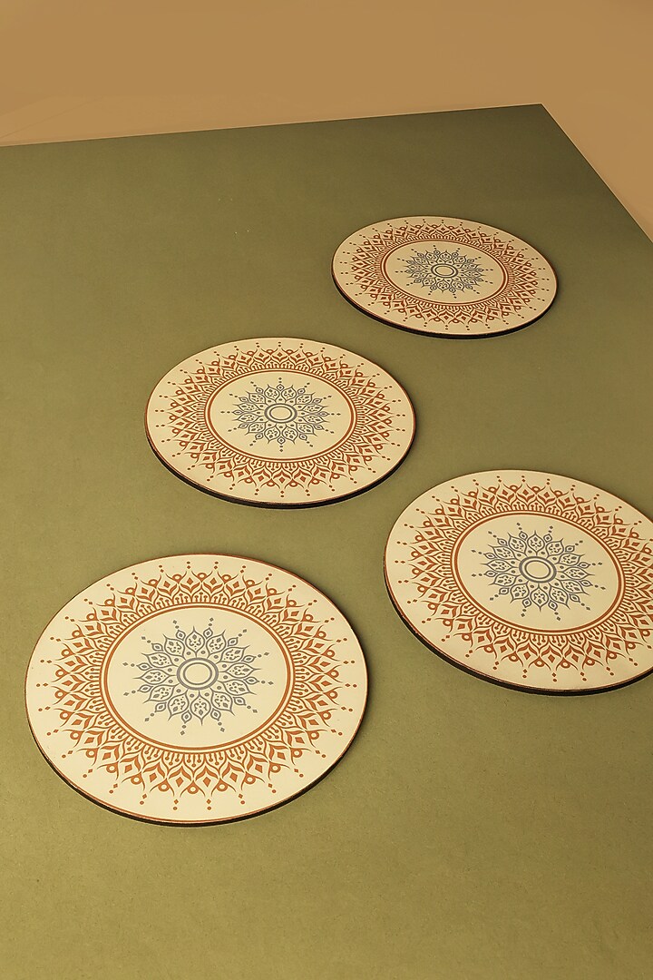 Cream Premium MDF Mandal Printed Trivet Set Of 4 by BambaiSe at Pernia's Pop Up Shop