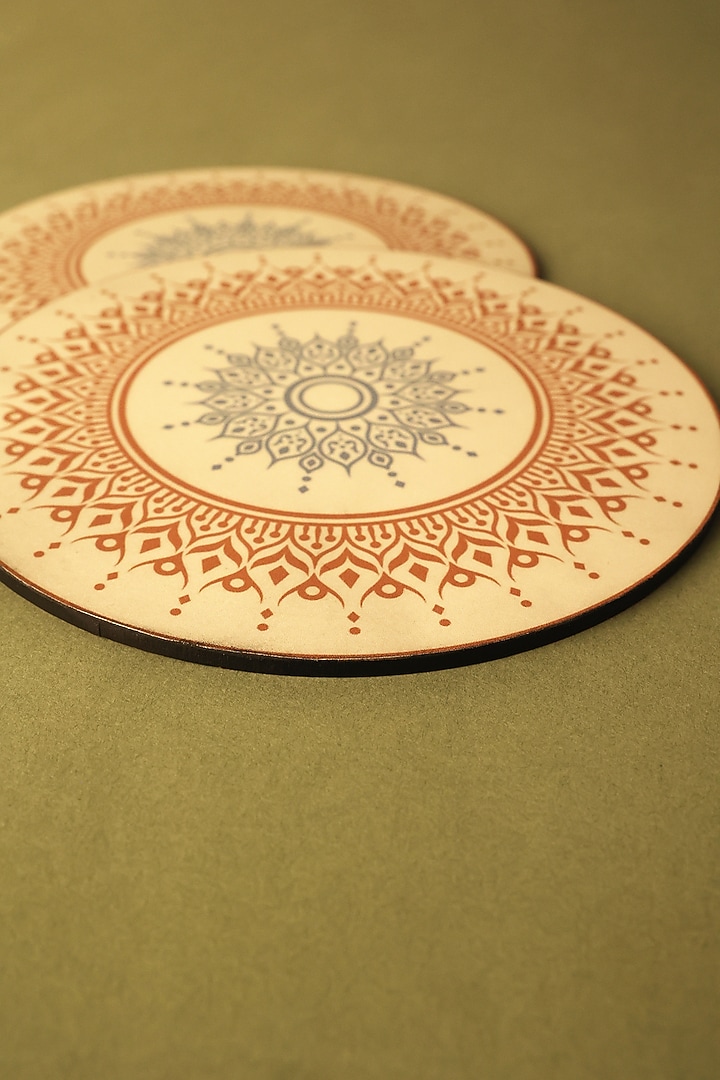 Cream Premium MDF Mandal Printed Trivet Set Of 4 by BambaiSe at Pernia's Pop Up Shop