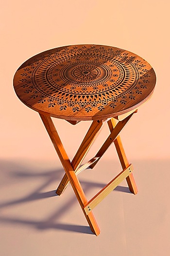 Brown Teak Wood Mandala Printed Folding Table by BambaiSe at Pernia's Pop Up Shop