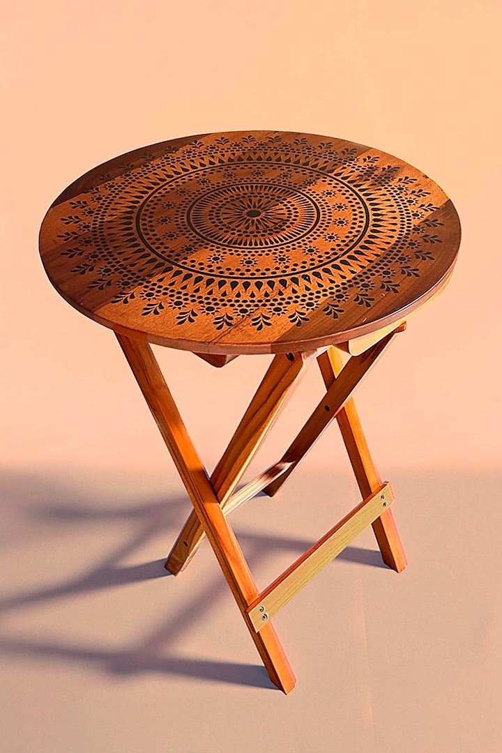 Brown Teak Wood Mandala Printed Folding Table by BambaiSe